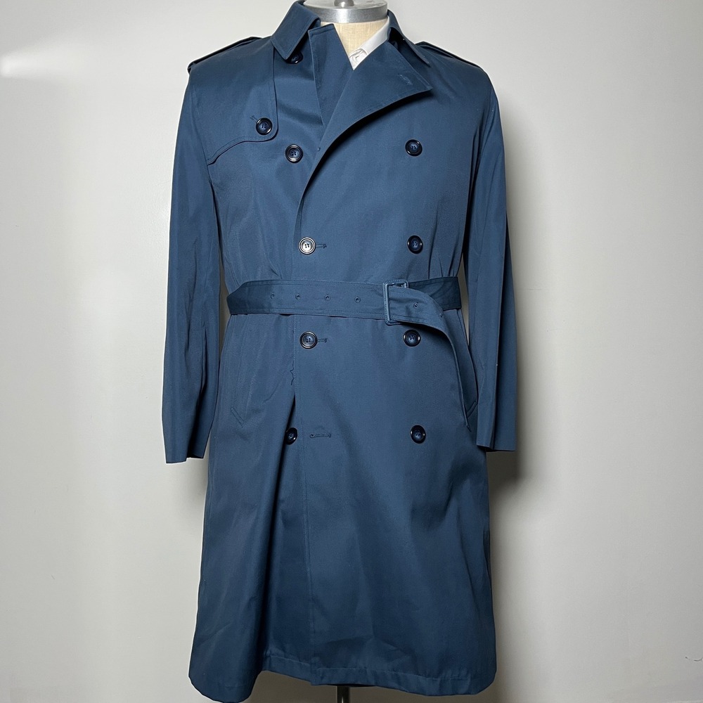 Misty‎ Harbor Trench Coat Mens 42 Regular Blue Solid Double Breasted Belted